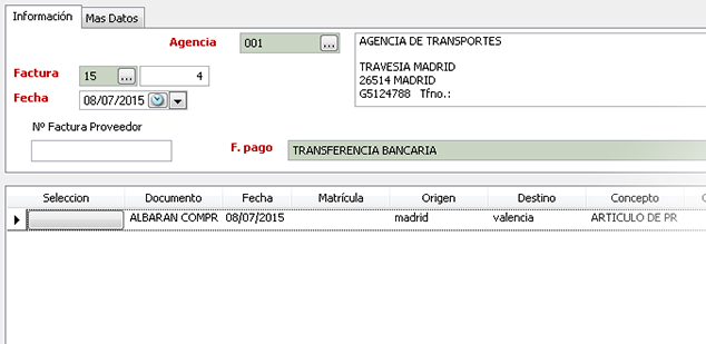 Información específica de las agencias de transporte - Software gestión comercial