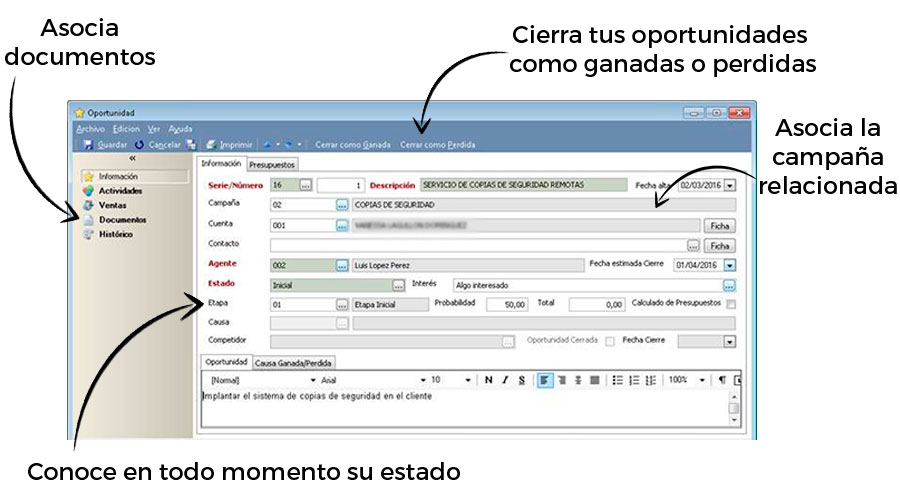 Asocia documentos, campañas y ciérralas como ganadas o perdidas